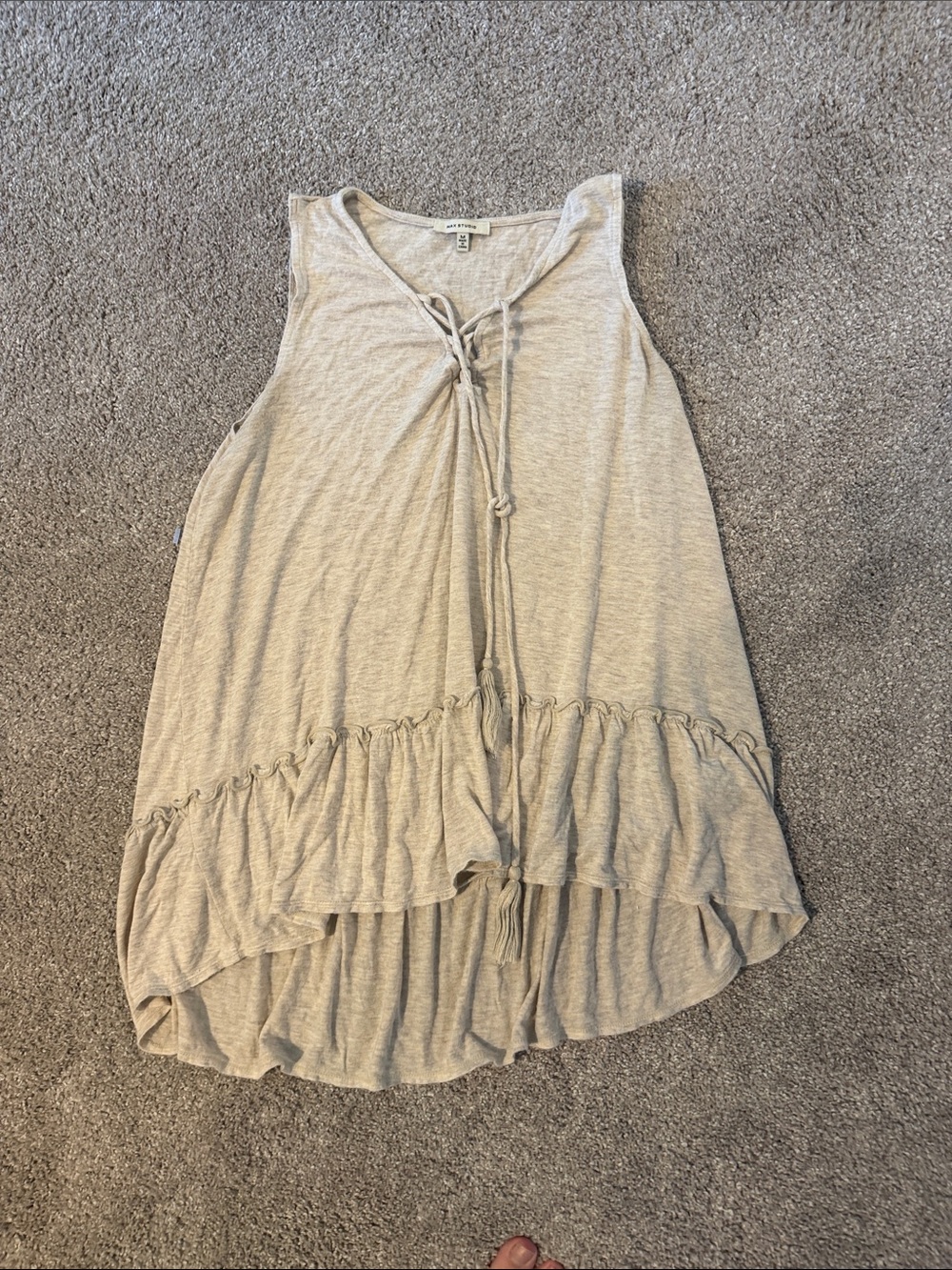 Max Studio Taupe Tie-Neck Ruffle Hem Tank